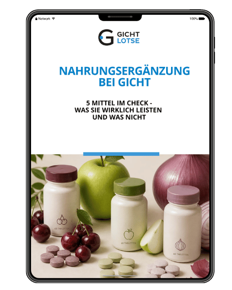Cover einer Zusatzbroschüre für den Ernährungsratgebern. Darauf sind Tabletten-Dosen und die entsprechenden Nahrungsmittel abgebildet: Kirschen, Äpfel und Zwiebeln